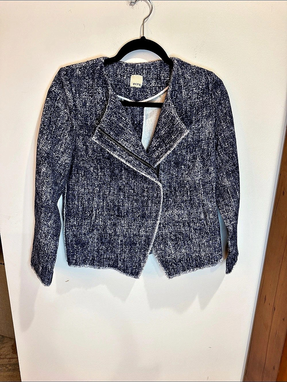 Ecru Denim Blue & White Printed Tweed Jacket/Blazer w/Frayed Edges